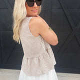 Stripe Front Tie Sleeveless Ruffle Hem Top Mocha - Infinity Raine