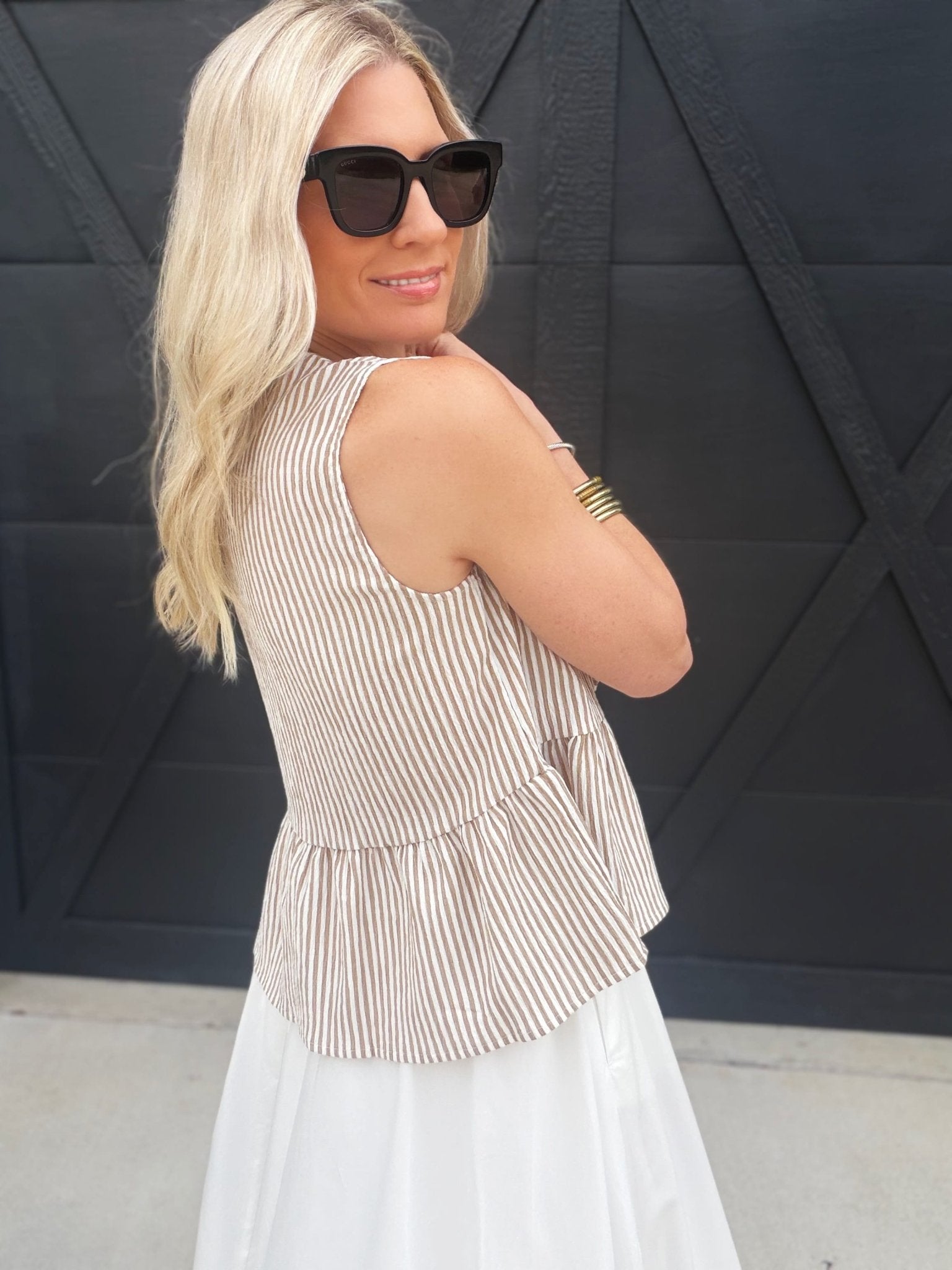 Stripe Front Tie Sleeveless Ruffle Hem Top Mocha - Infinity Raine