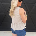 Stripe Front Tie Sleeveless Ruffle Hem Top Mocha - Infinity Raine