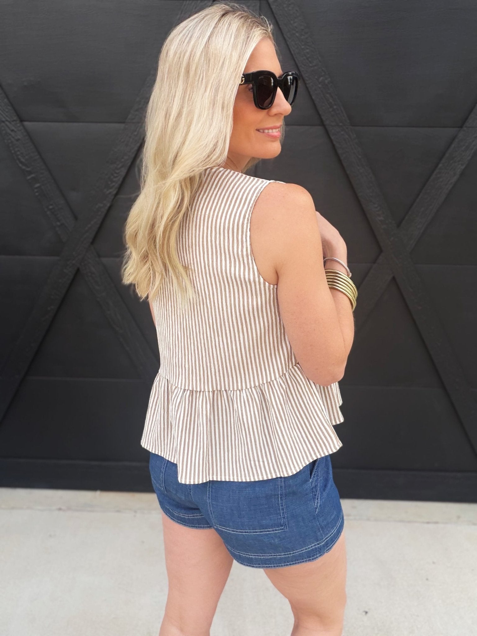 Stripe Front Tie Sleeveless Ruffle Hem Top Mocha - Infinity Raine