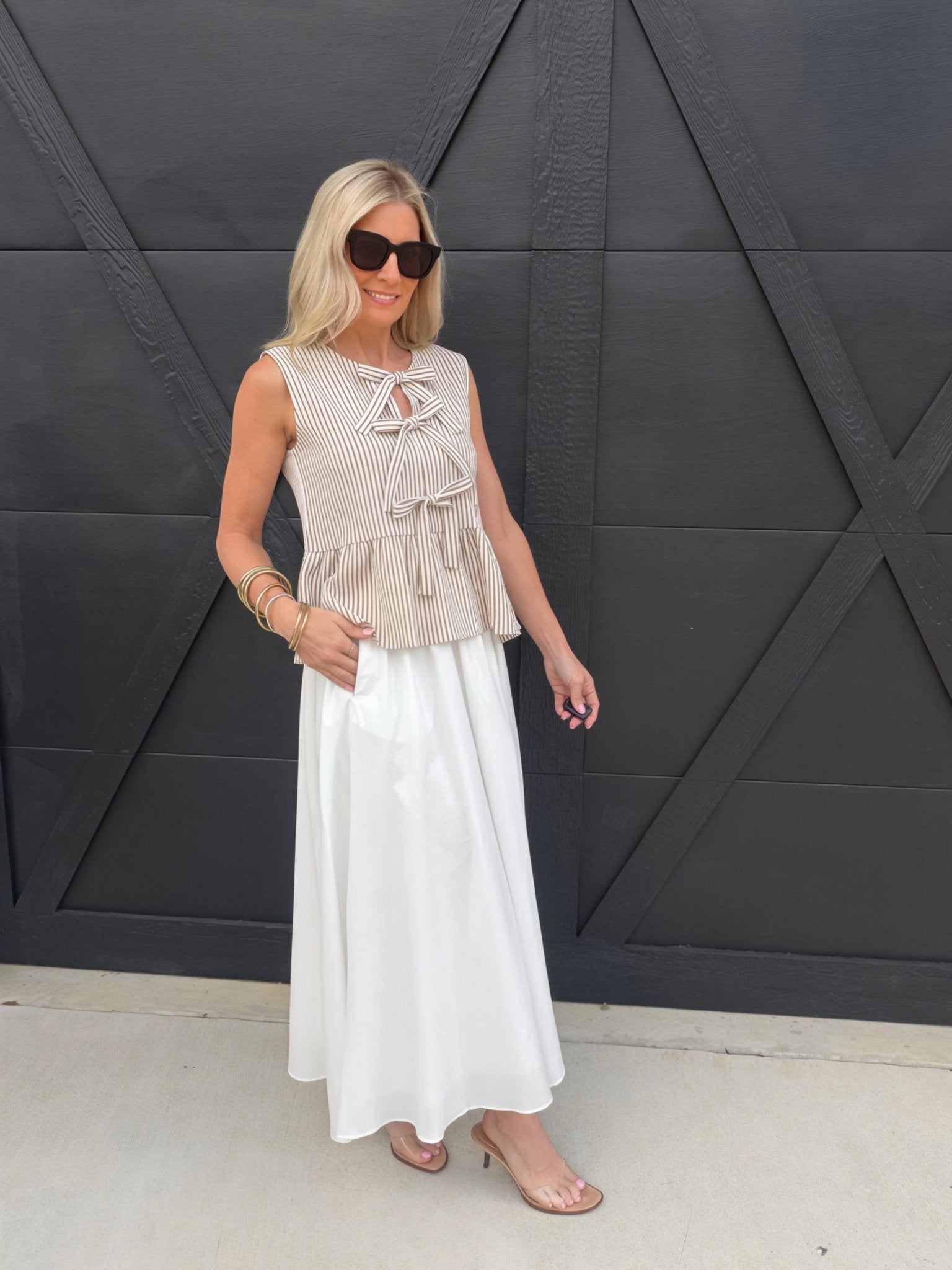 Stripe Front Tie Sleeveless Ruffle Hem Top Mocha - Infinity Raine