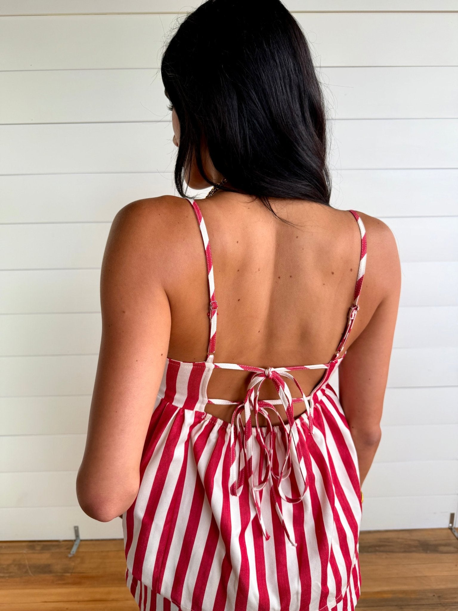 Stripe Gathered Side Detail Top In Red - Infinity Raine