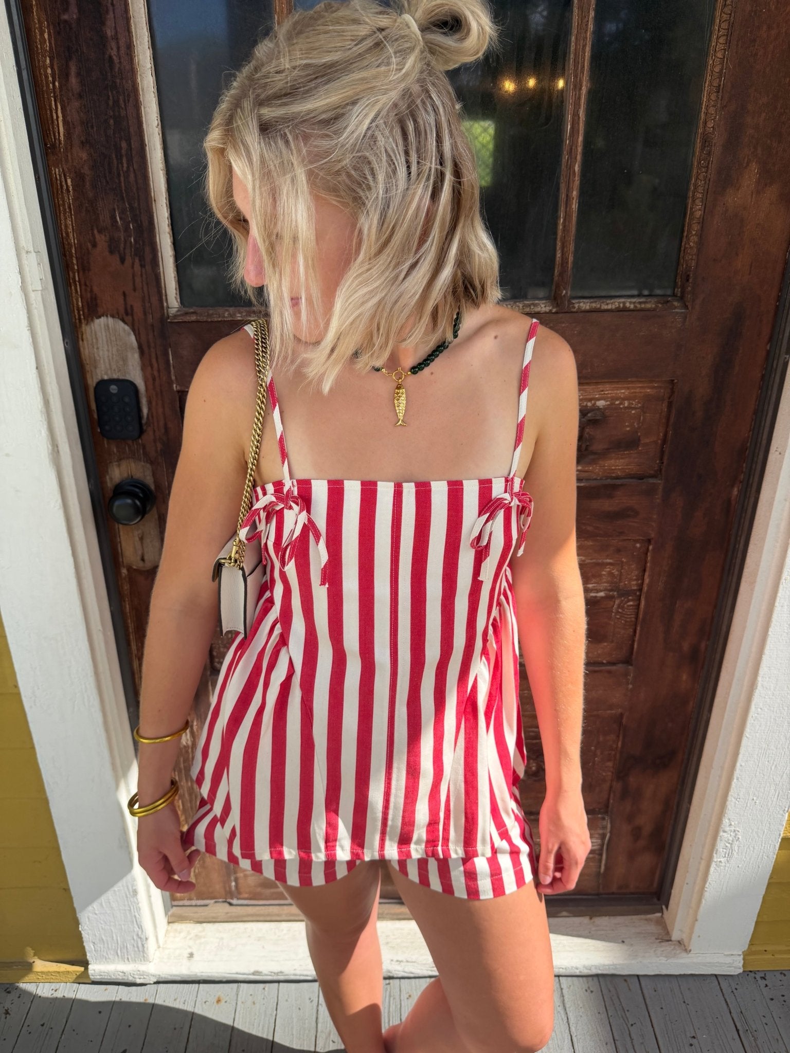 Stripe Gathered Side Detail Top In Red - Infinity Raine