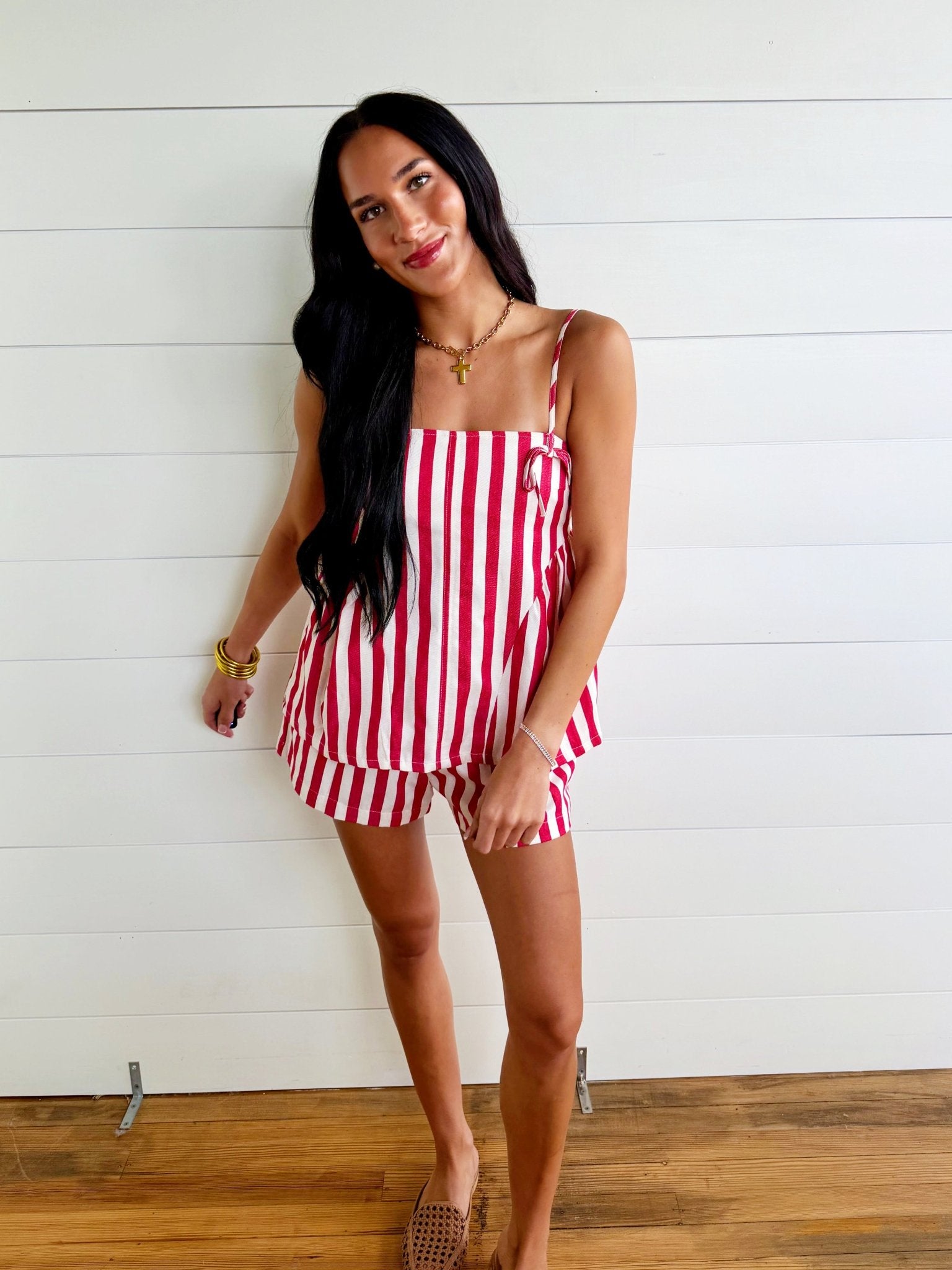 Stripe Gathered Side Detail Top In Red - Infinity Raine