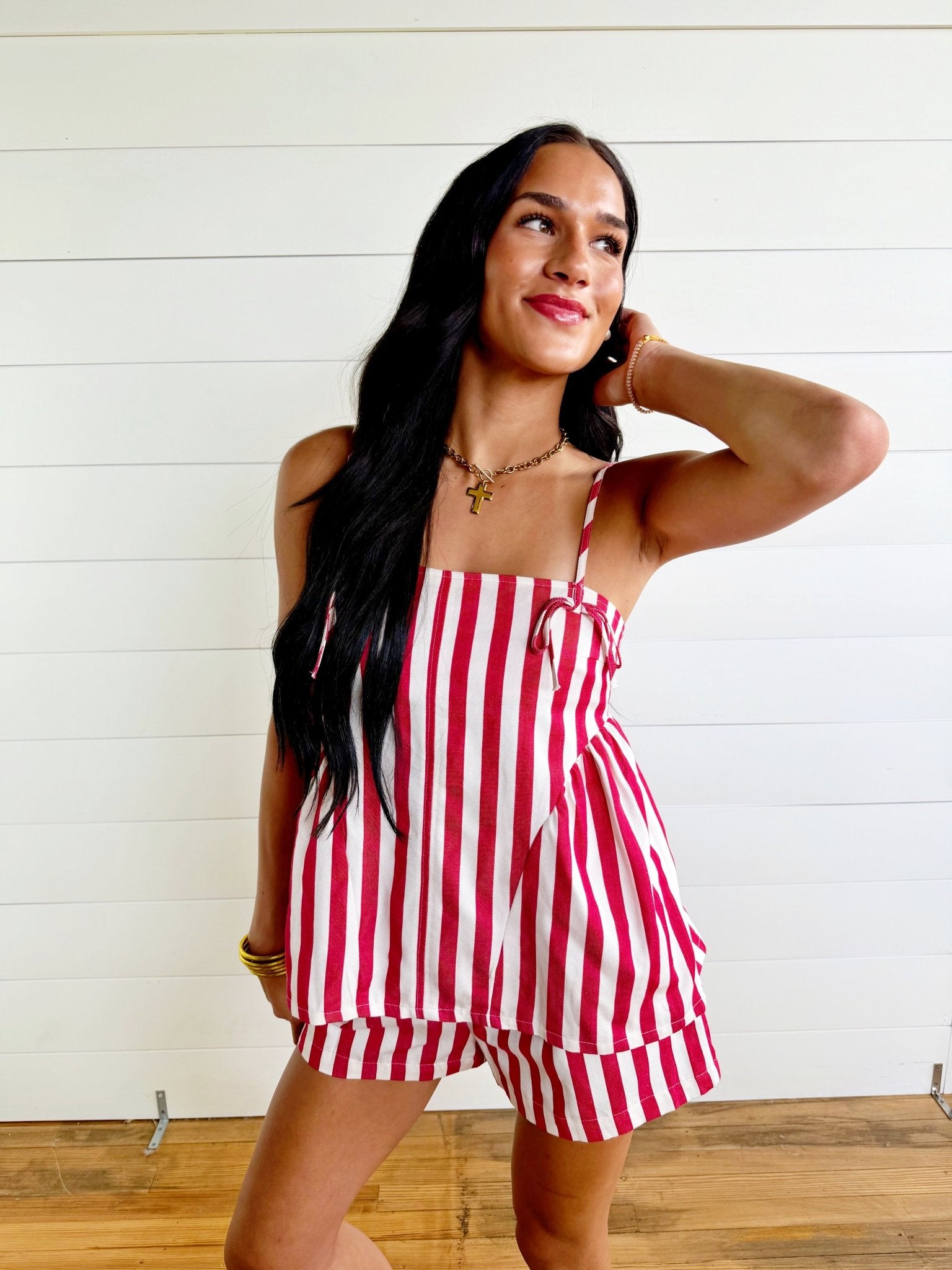 Stripe Gathered Side Detail Top In Red - Infinity Raine