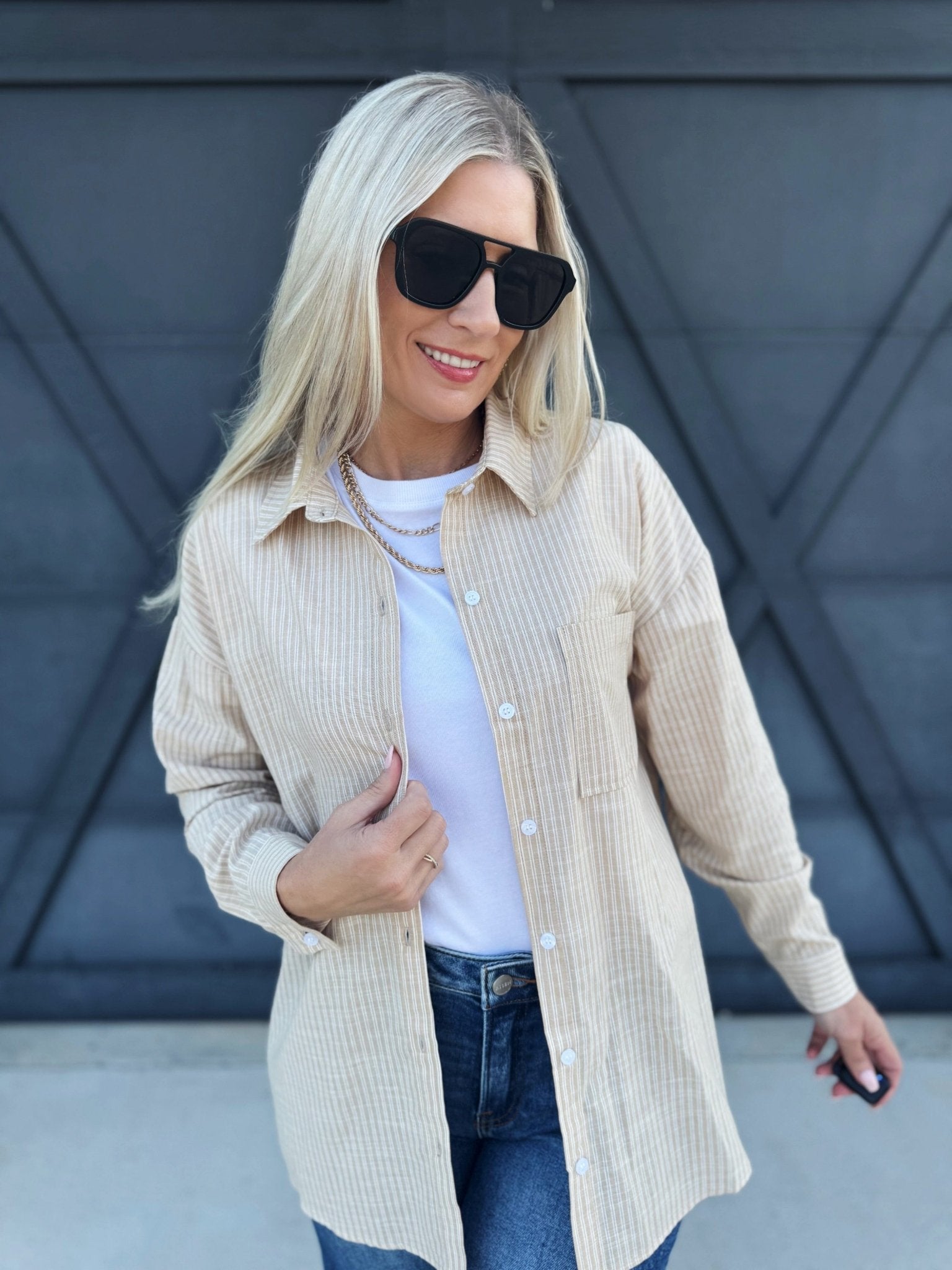 Stripe Gauze Button Down In Taupe - Infinity Raine