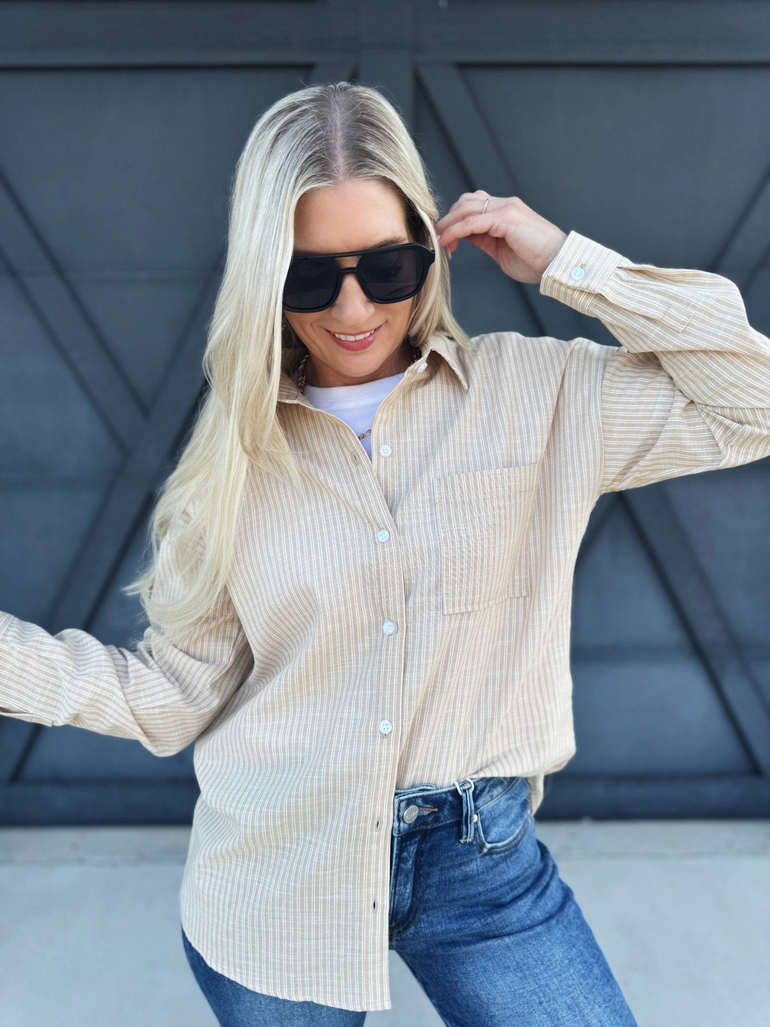 Stripe Gauze Button Down In Taupe - Infinity Raine
