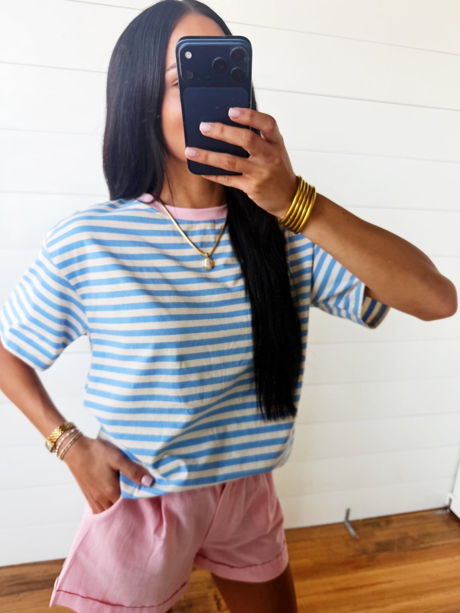 Stripe Looks Contrast Drop Shoulder Loose Tee In Skye Blue - Infinity Raine