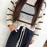 Stripe Open Knit Boat Neck Sweater Top In Ivory/Black - Infinity Raine