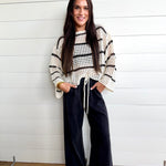 Stripe Open Knit Boat Neck Sweater Top In Ivory/Black - Infinity Raine