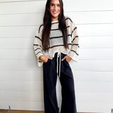 Stripe Open Knit Boat Neck Sweater Top In Ivory/Black - Infinity Raine