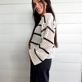 Stripe Open Knit Boat Neck Sweater Top In Ivory/Black - Infinity Raine
