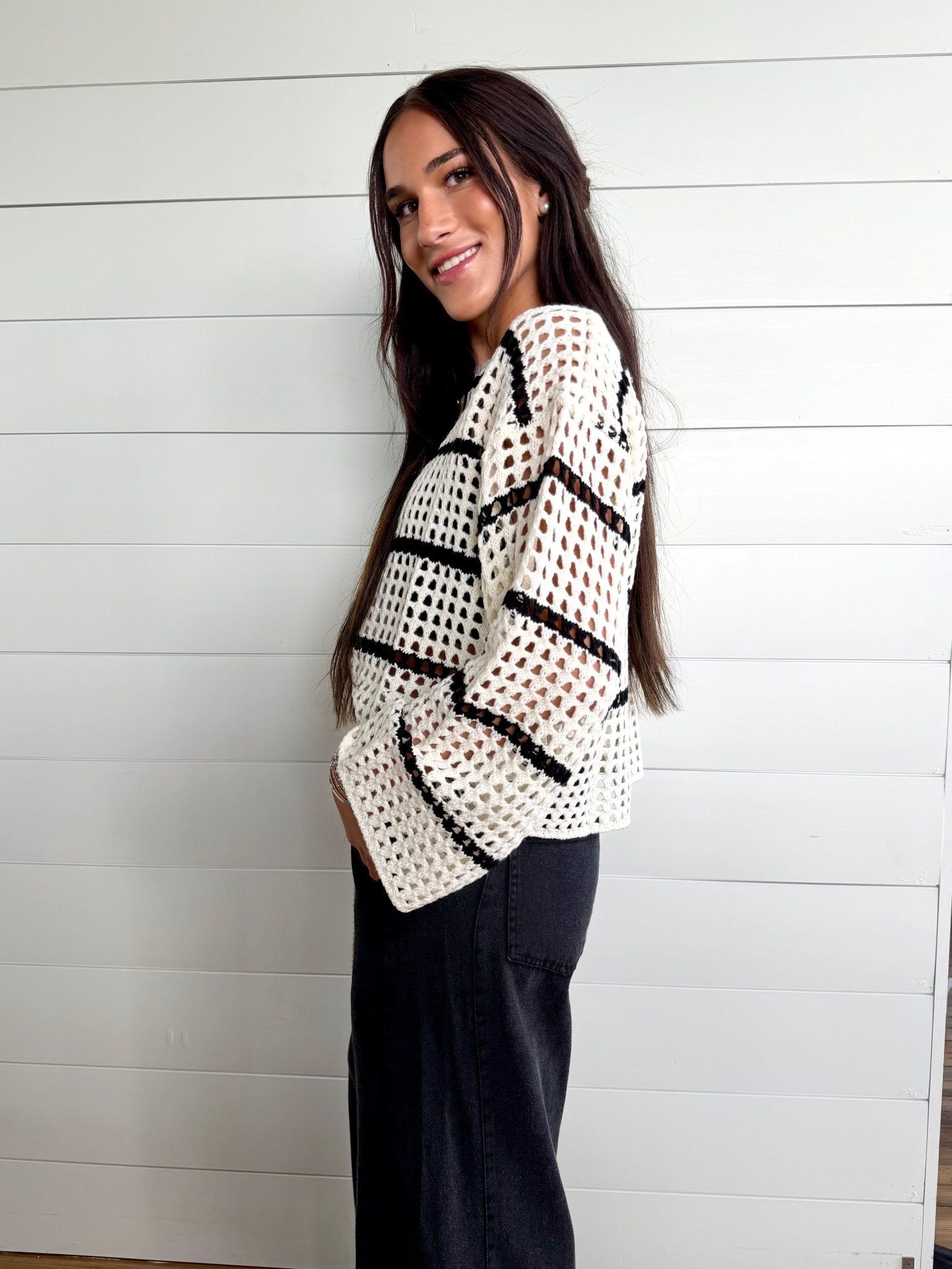 Stripe Open Knit Boat Neck Sweater Top In Ivory/Black - Infinity Raine