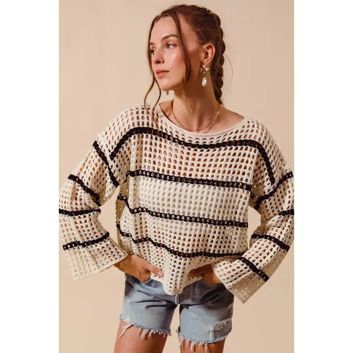 Stripe Open Knit Boat Neck Sweater Top In Ivory/Black - Infinity Raine