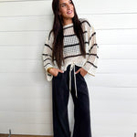 Stripe Open Knit Boat Neck Sweater Top In Ivory/Black - Infinity Raine