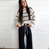 Stripe Open Knit Boat Neck Sweater Top In Ivory/Black - Infinity Raine
