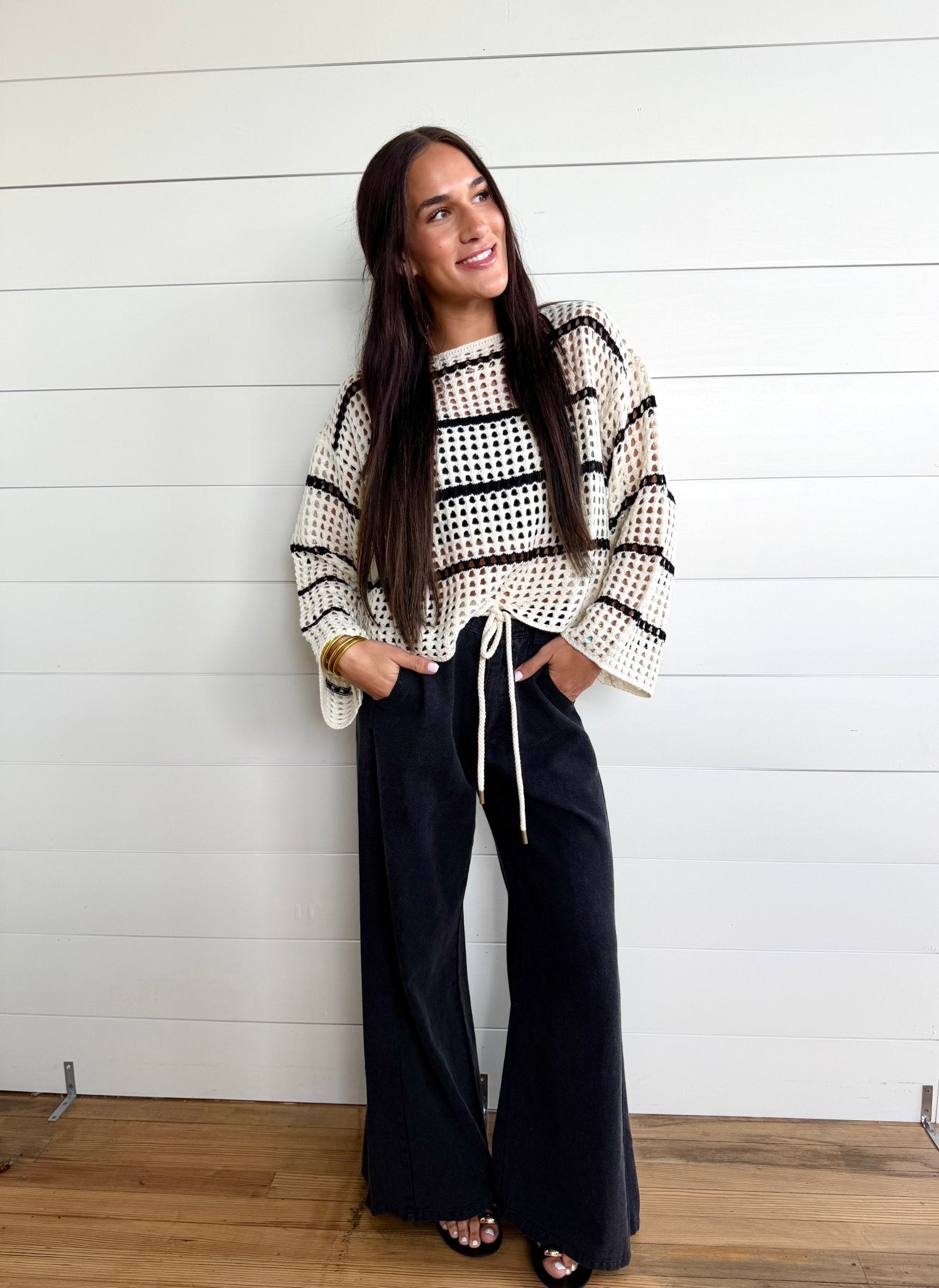 Stripe Open Knit Boat Neck Sweater Top In Ivory/Black - Infinity Raine