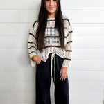 Stripe Open Knit Boat Neck Sweater Top In Ivory/Black - Infinity Raine