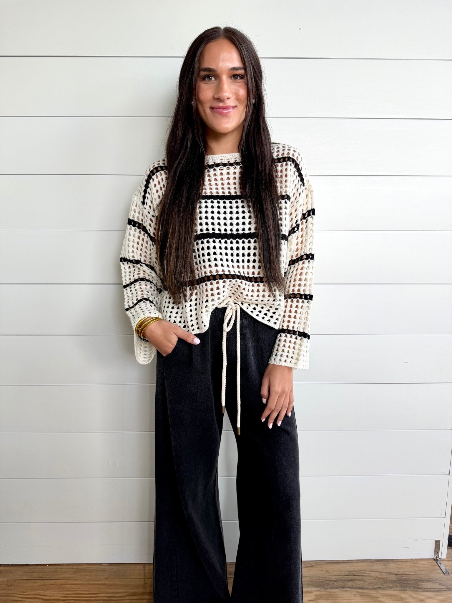 Stripe Open Knit Boat Neck Sweater Top In Ivory/Black - Infinity Raine