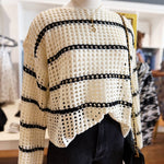Stripe Open Knit Boat Neck Sweater Top In Ivory/Black - Infinity Raine
