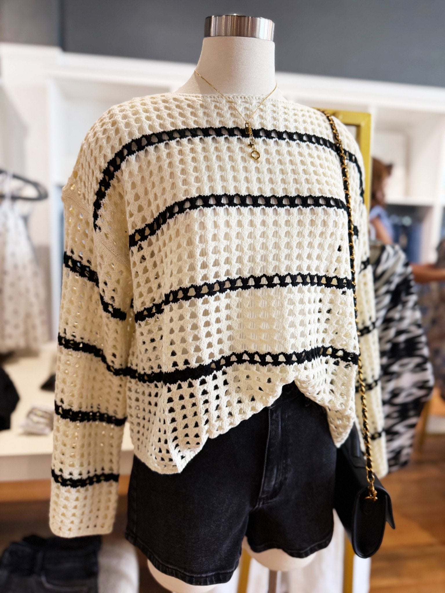 Stripe Open Knit Boat Neck Sweater Top In Ivory/Black - Infinity Raine