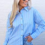 Stripe Oversized Collared Long Sleeve Shirt In Light Blue - Infinity Raine