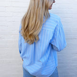 Stripe Oversized Collared Long Sleeve Shirt In Light Blue - Infinity Raine
