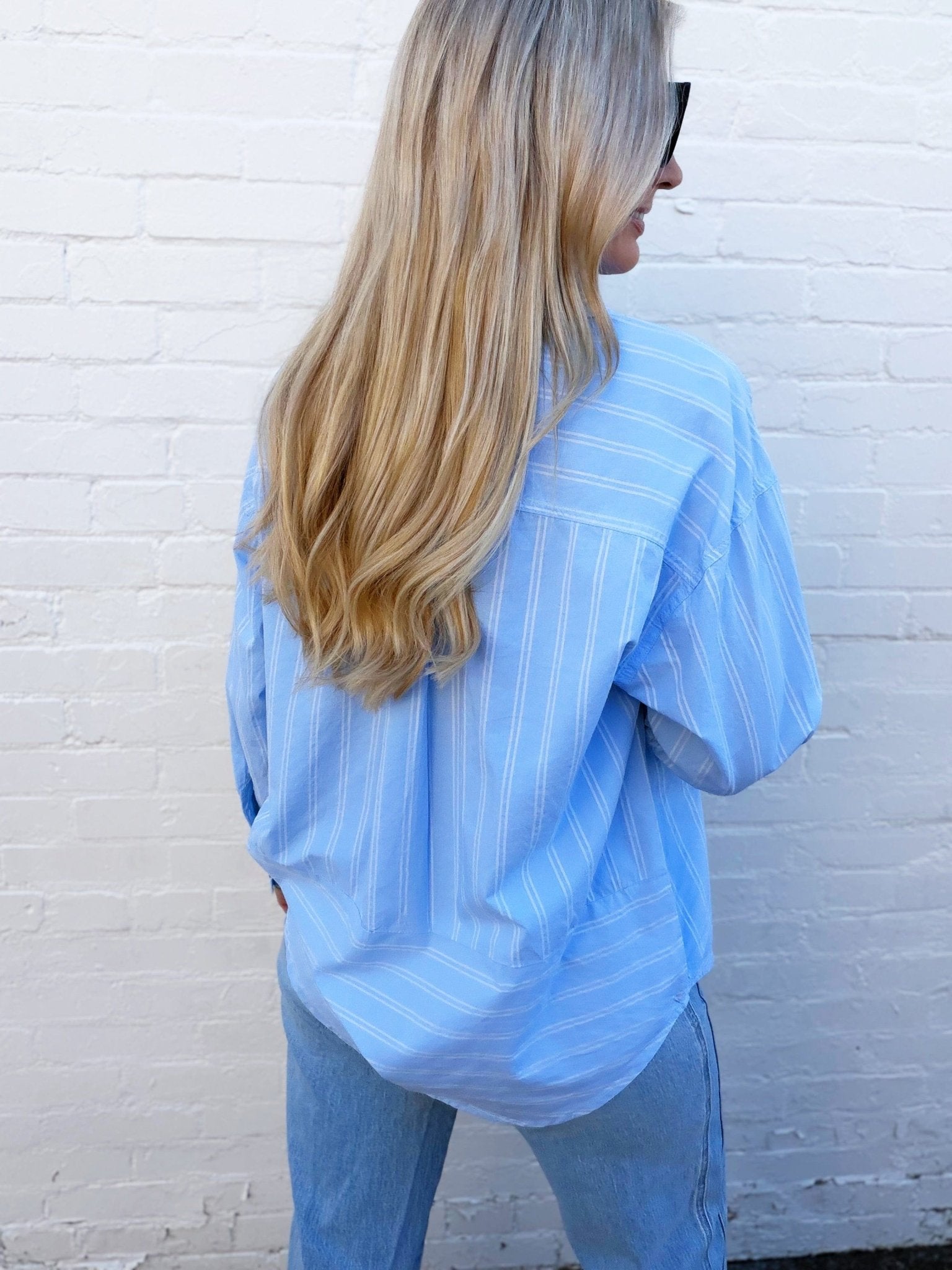 Stripe Oversized Collared Long Sleeve Shirt In Light Blue - Infinity Raine