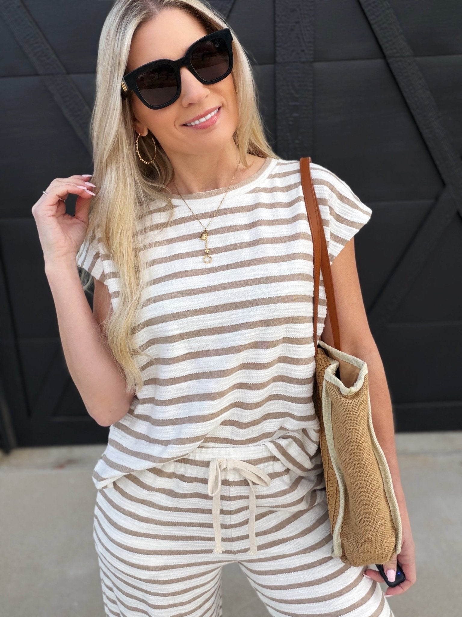 Stripe Round Neck Short Sleeve Knit Top In Khaki - Infinity Raine