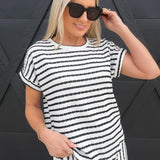 Stripe Round Neck Short Sleeve Scrunch Knit Top In Black - Infinity Raine
