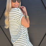 Stripe Round Neck Short Sleeve Scrunch Knit Top In Olive - Infinity Raine