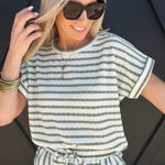 Stripe Round Neck Short Sleeve Scrunch Knit Top In Olive - Infinity Raine