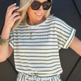 Stripe Round Neck Short Sleeve Scrunch Knit Top In Olive - Infinity Raine