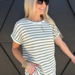 Stripe Round Neck Short Sleeve Scrunch Knit Top In Olive - Infinity Raine