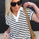 Stripe Split Neck Short Sleeve Scrunch Knit Top In Black - Infinity Raine