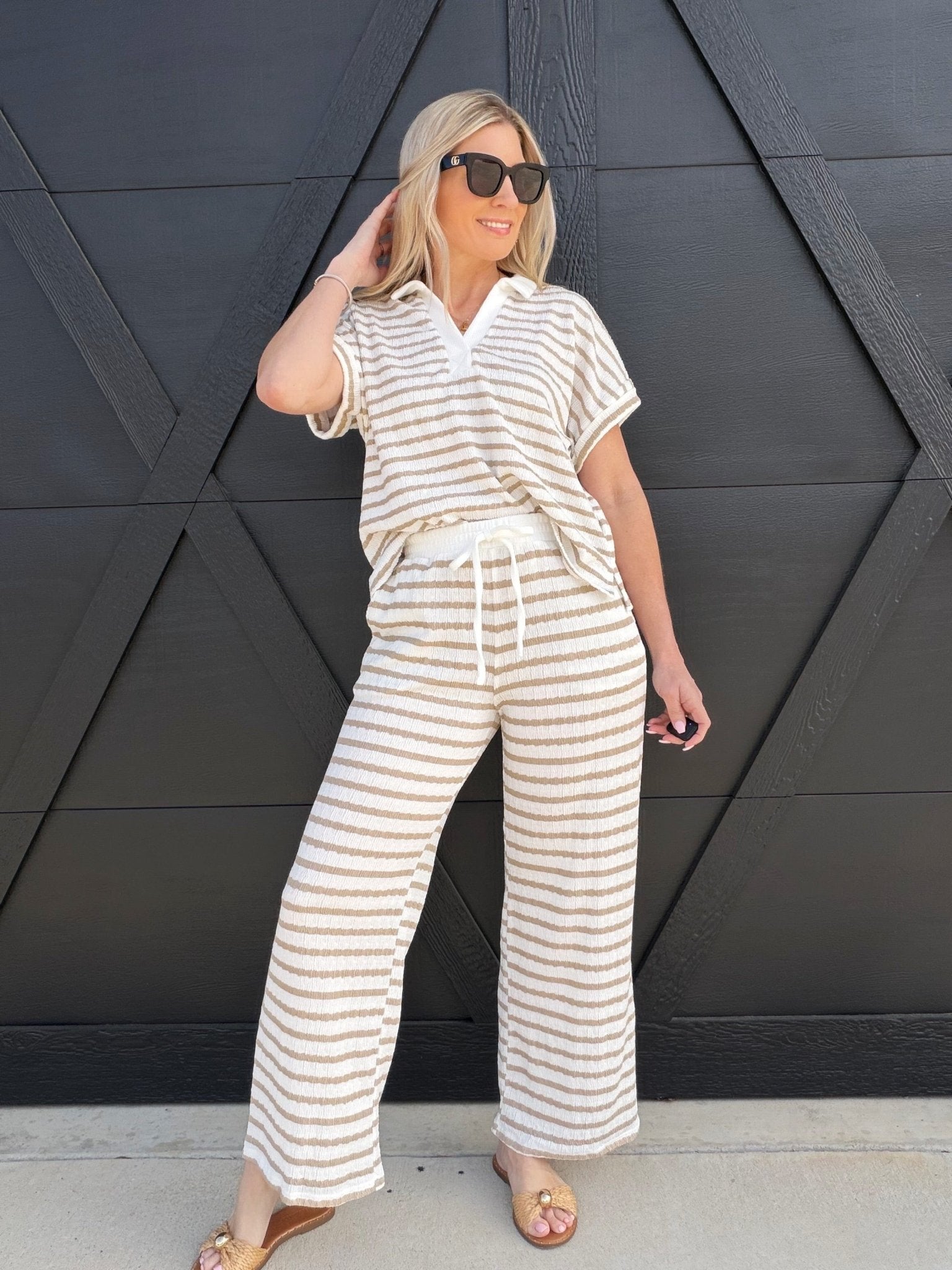Stripe Split Neck Short Sleeve Scrunch Knit Top In Khaki - Infinity Raine