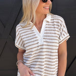Stripe Split Neck Short Sleeve Scrunch Knit Top In Khaki - Infinity Raine