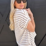 Stripe Split Neck Short Sleeve Scrunch Knit Top In Khaki - Infinity Raine
