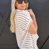 Stripe Split Neck Short Sleeve Scrunch Knit Top In Khaki - Infinity Raine