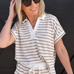 Stripe Split Neck Short Sleeve Scrunch Knit Top In Khaki - Infinity Raine