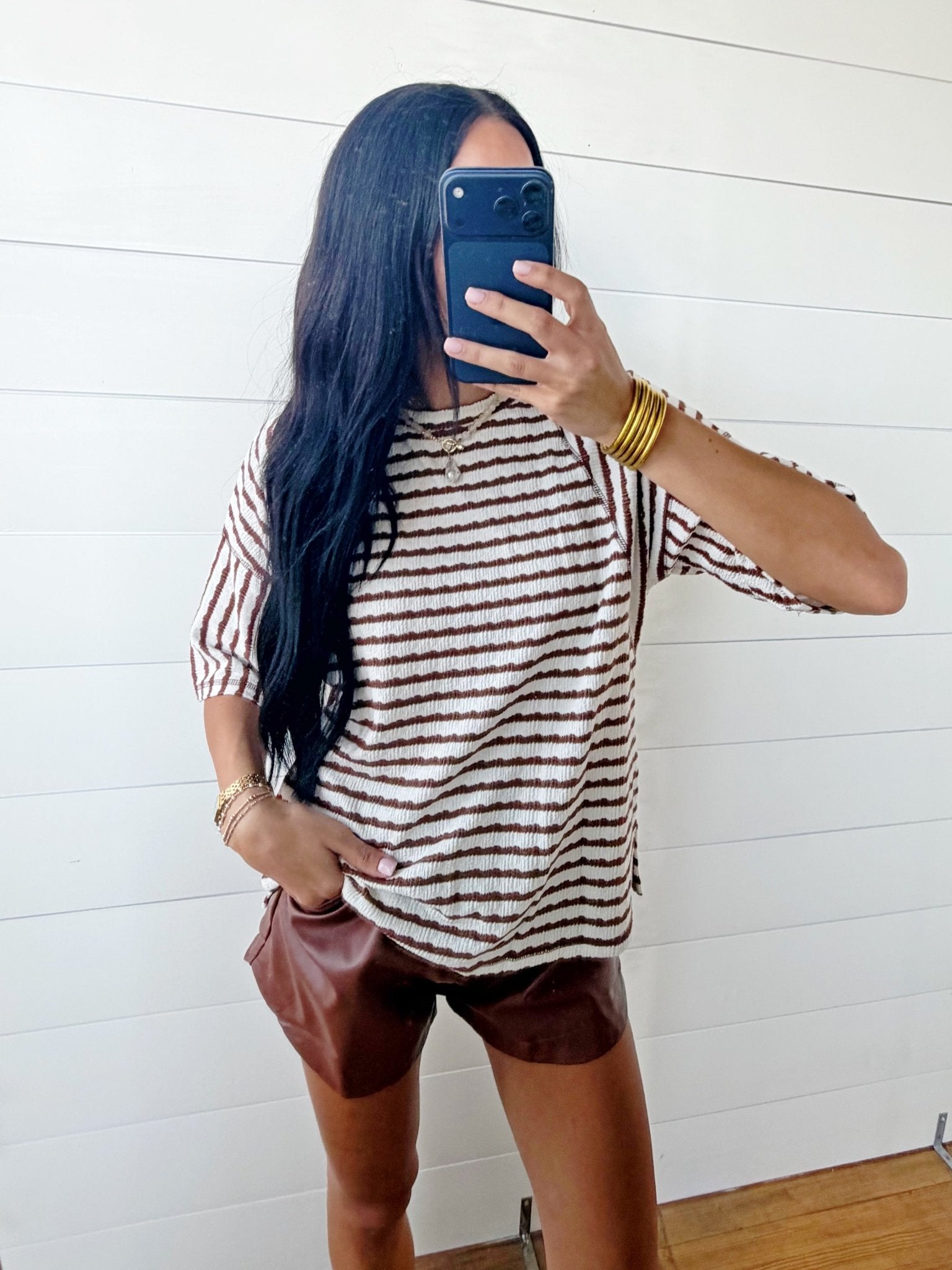 Stripe Textured Knit Split Hem Half Sleeve Top In Brown - Infinity Raine