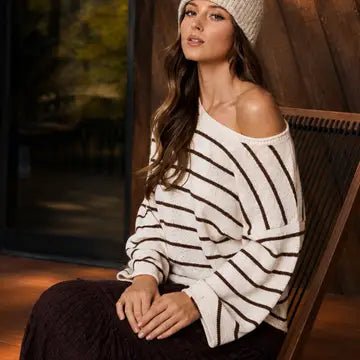 Stripe Textured Raw Edge Long Sleeve Knit Sweater In Cream - Infinity Raine