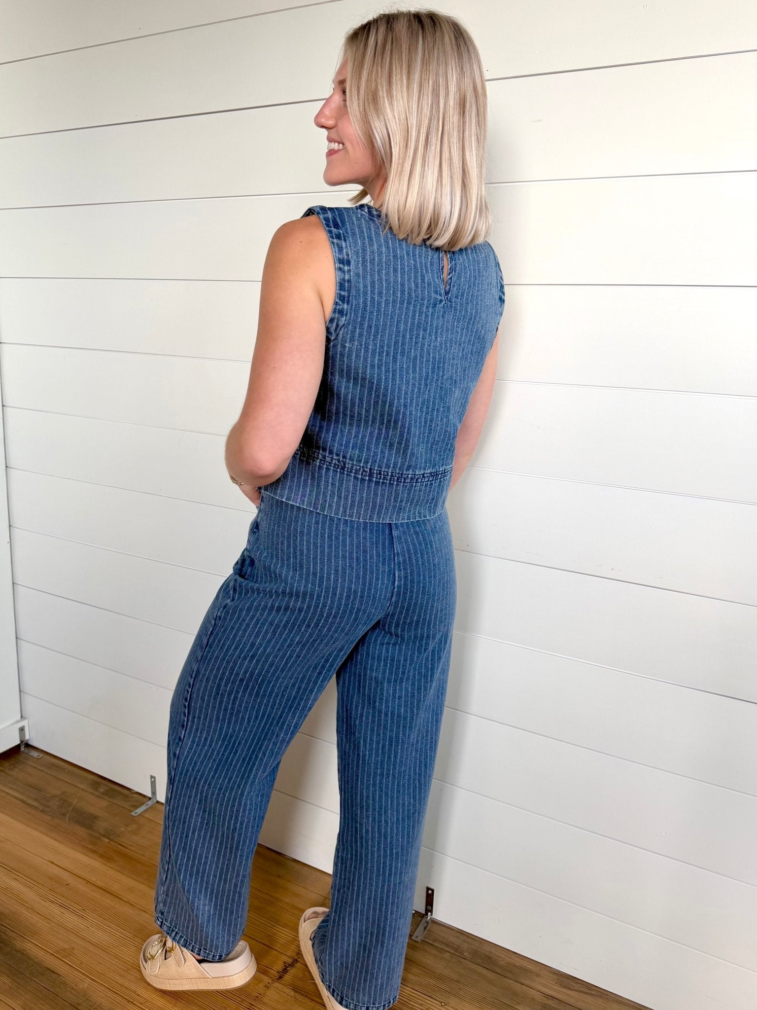 Stripe Washed Denim Waist Tie Strap Jeans In Dark - Infinity Raine