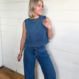 Stripe Washed Denim Waist Tie Strap Jeans In Dark - Infinity Raine