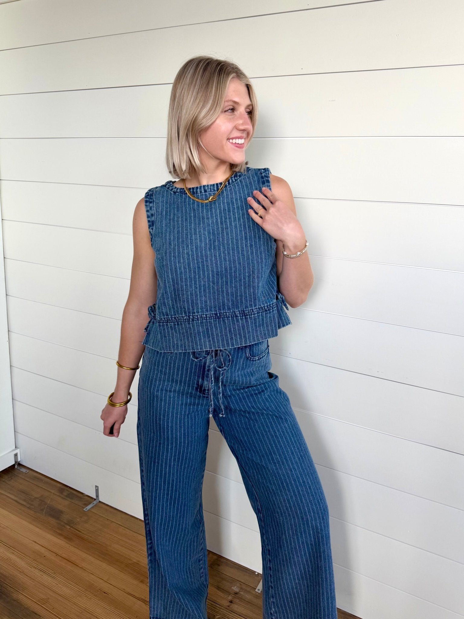 Stripe Washed Denim Waist Tie Strap Jeans In Dark - Infinity Raine