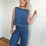 Stripe Washed Denim Waist Tie Strap Jeans In Dark - Infinity Raine