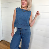 Stripe Washed Denim Waist Tie Strap Jeans In Dark - Infinity Raine