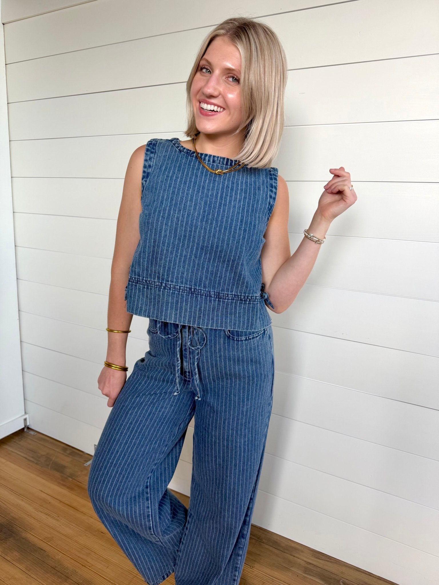 Stripe Washed Denim Waist Tie Strap Jeans In Dark - Infinity Raine