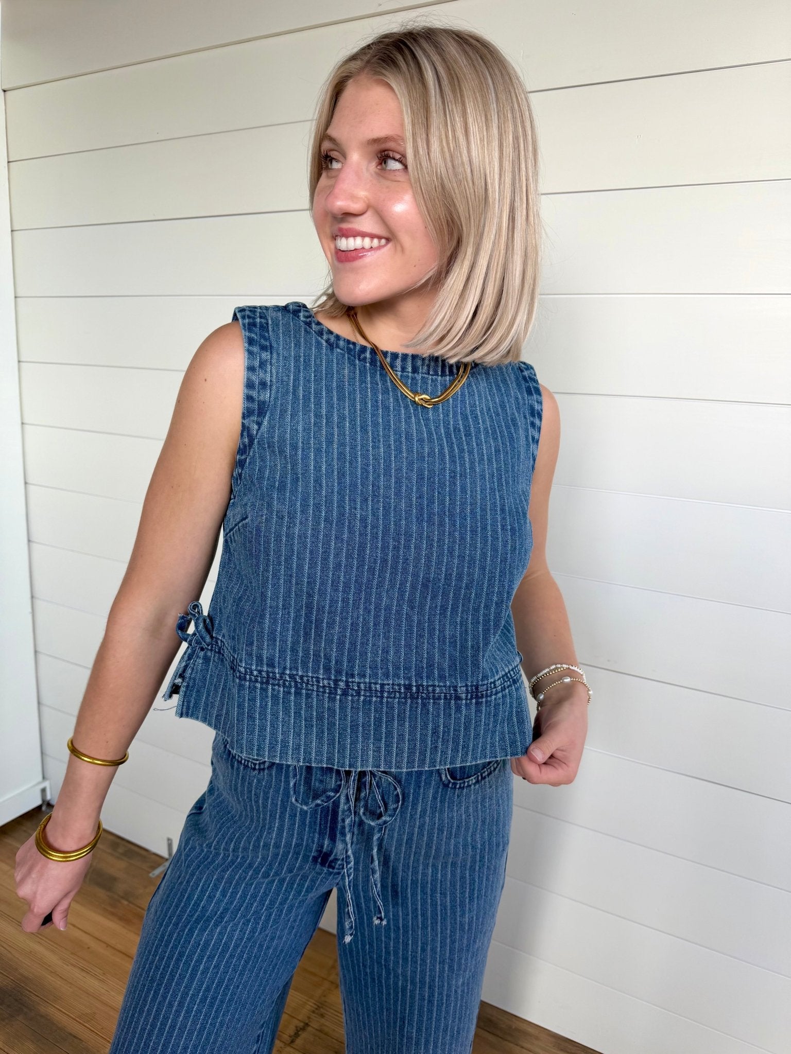 Stripe Washed Denim Sleeveless Side Tie Crop Top In Dark - Infinity Raine