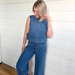 Stripe Washed Denim Waist Tie Strap Jeans In Dark - Infinity Raine